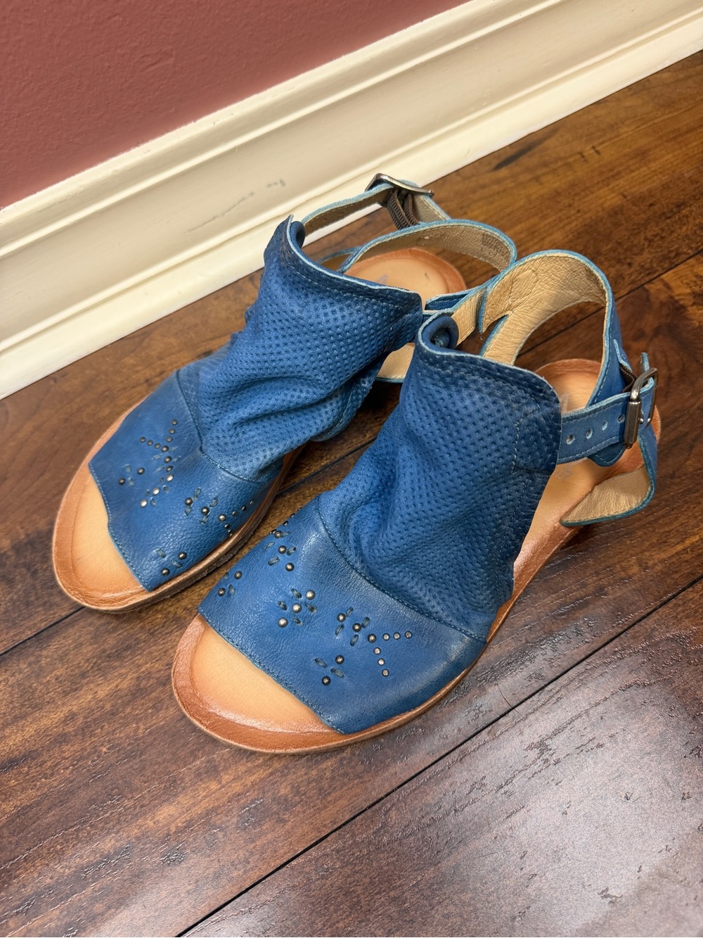 Miz Mooz Leather Ankle-Strap Sandals Fifi Denim Blue with Studs Size 9